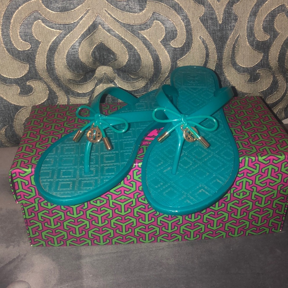 Teal Tori Burch plastic sandals